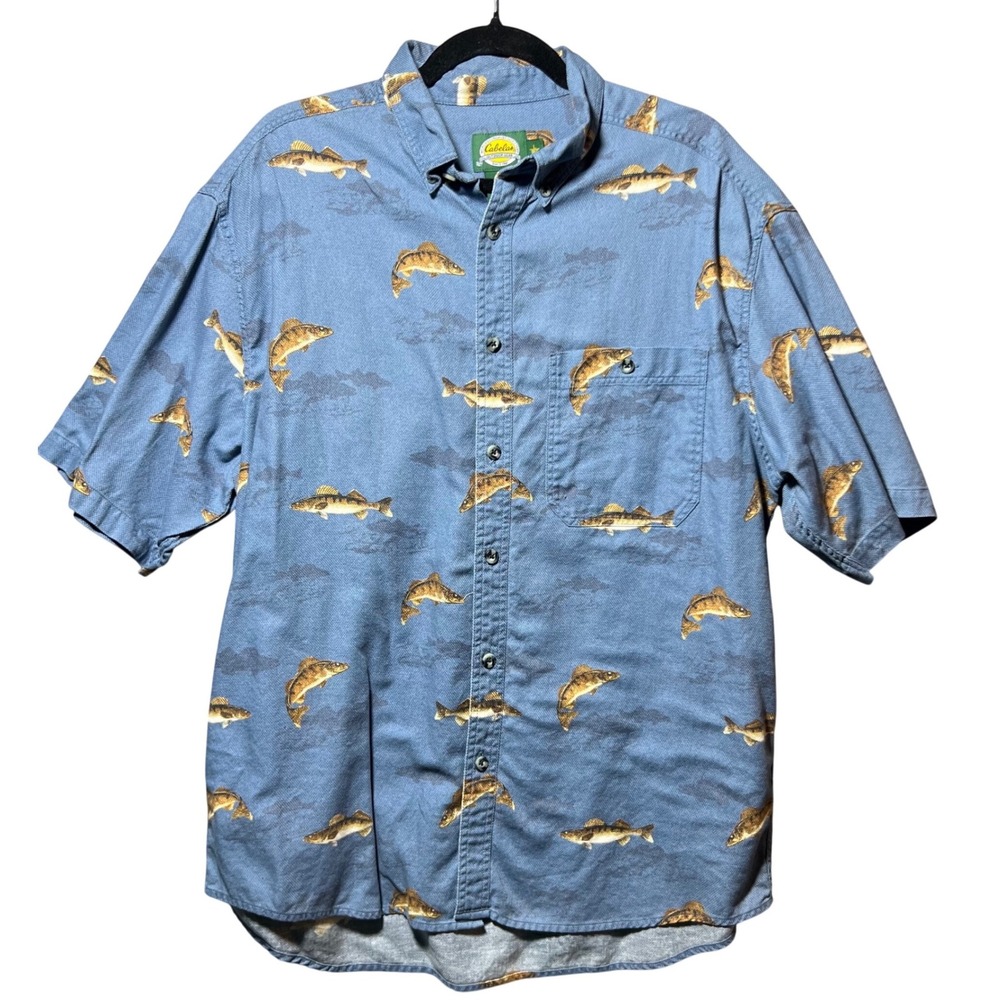 Cabelas Mens Large Blue Walleye Fish Print Cotton Short Sleeve Button Down Shirt
